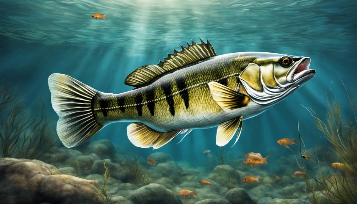 Illustration of a healthy bass swimming in clear water with a fishing rod in the foreground