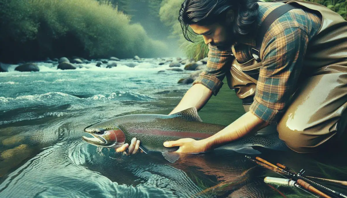 An angler gently releasing a Steelhead trout back into the river after catching it.