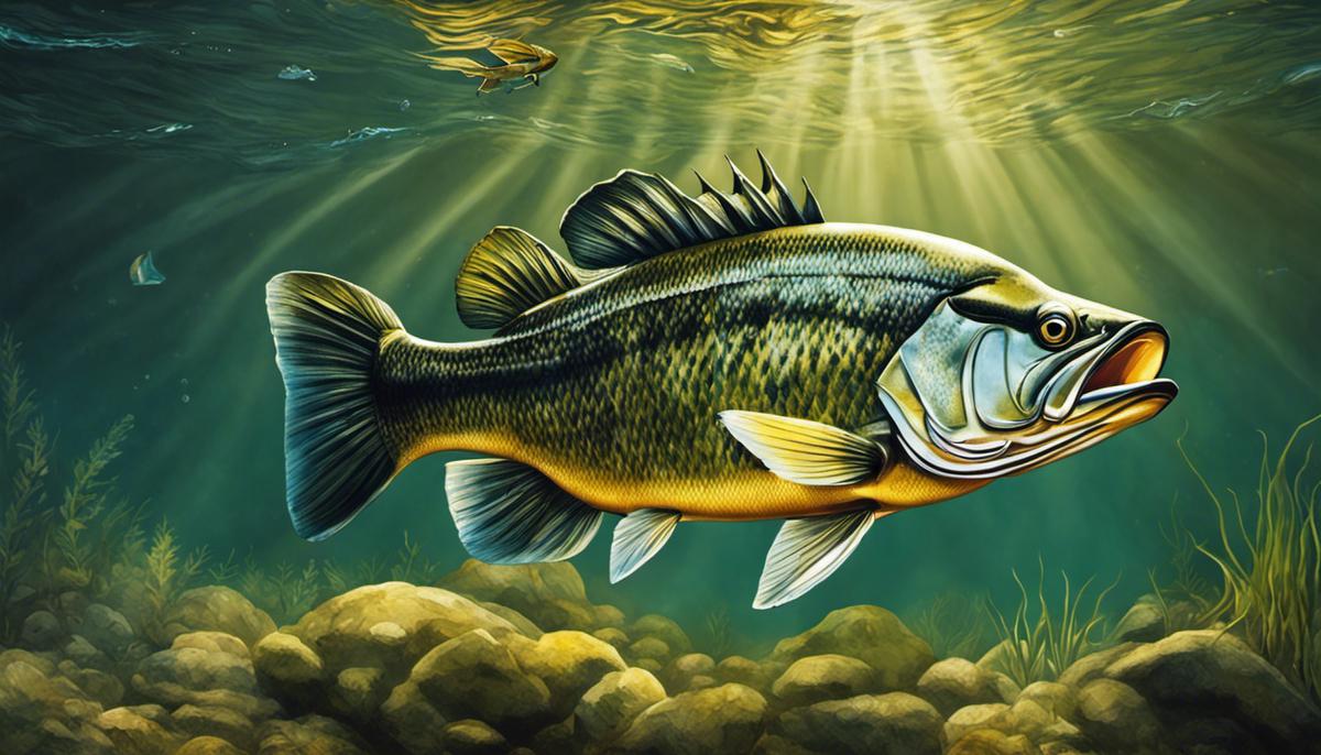 Illustration of a bass fish swimming in a river, demonstrating the need to protect them by adhering to the size limit regulations.