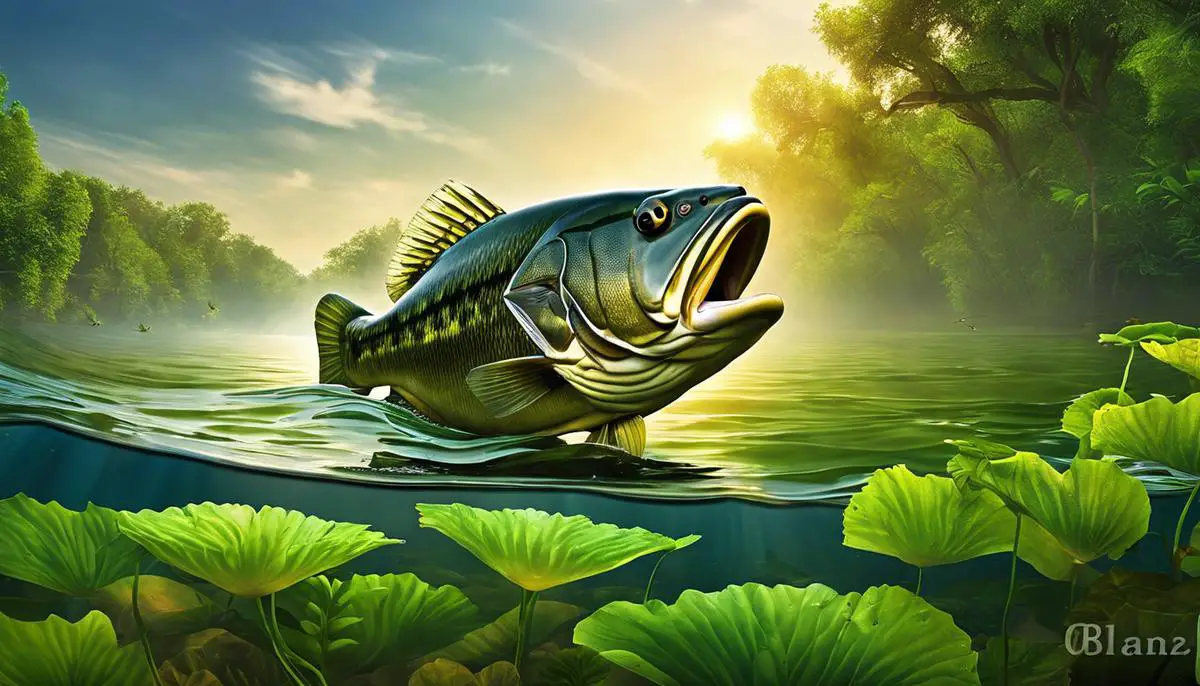 Image depicting a healthy bass population in a lake surrounded by lush greenery