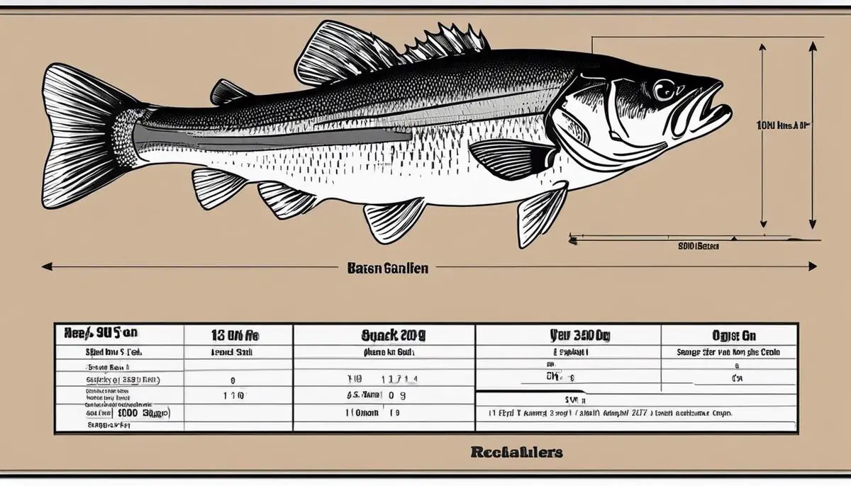 A diagram showing the different size limits for bass in fishing regulations