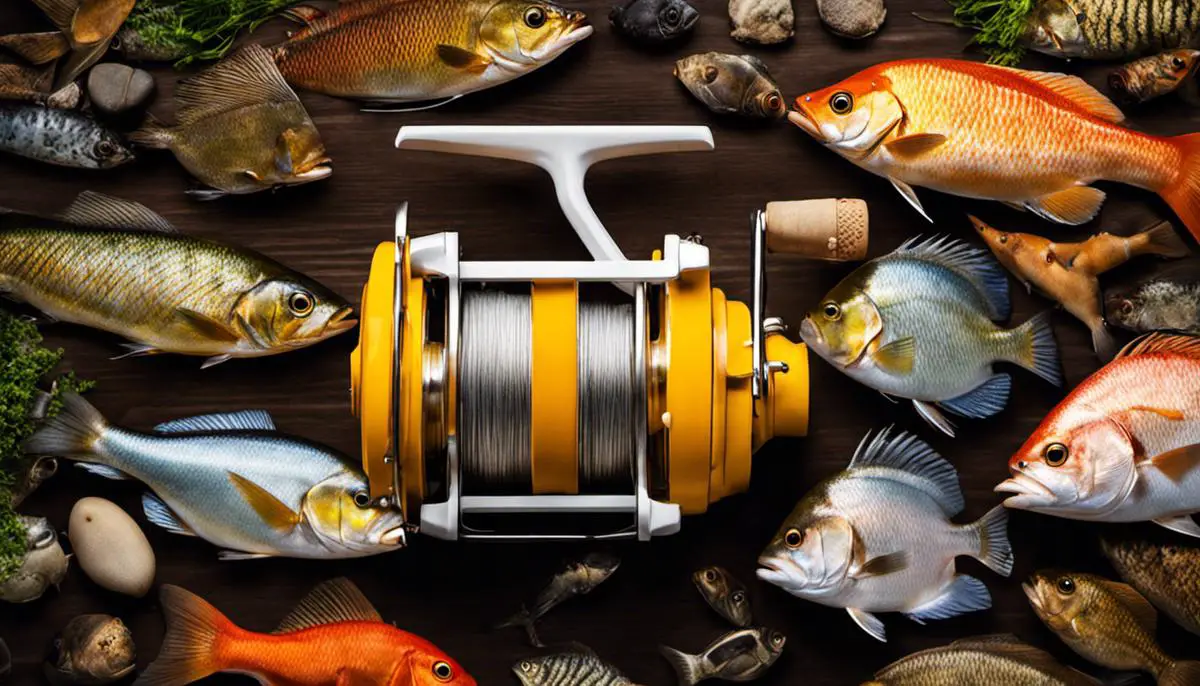Image of a fishing reel surrounded by various freshwater fish species swimming in a river.