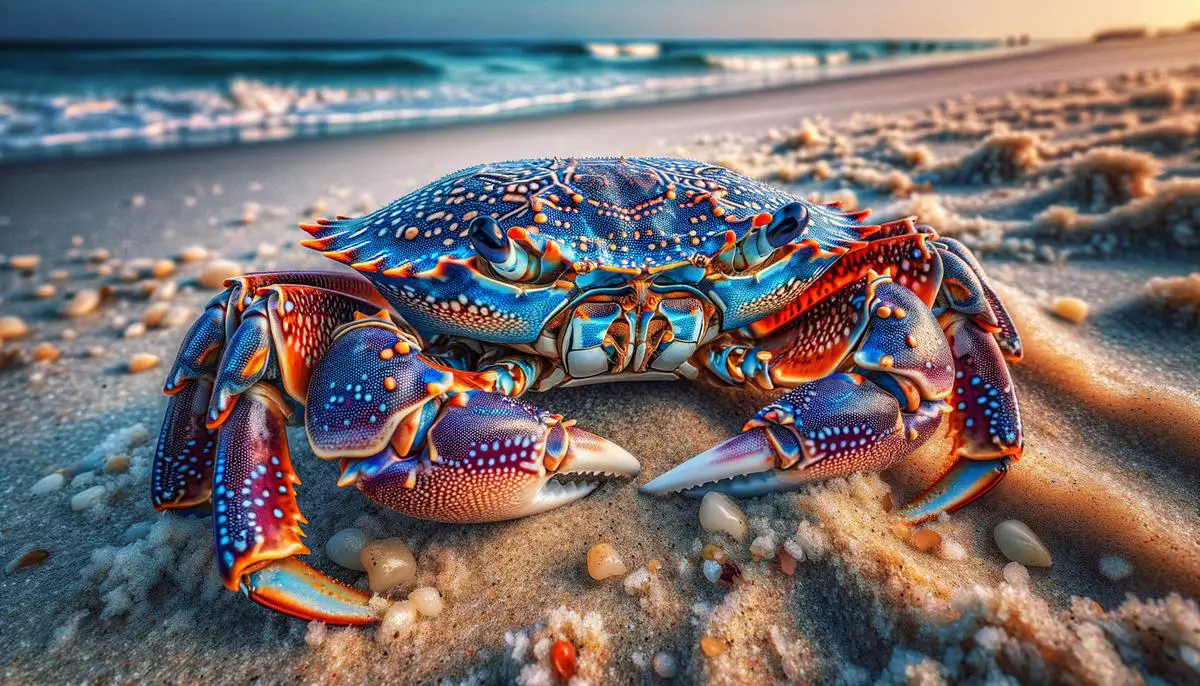 A close-up of a blue crab on the sandy shore of the Texas coast, showcasing its vibrant colors and intricate shell pattern.