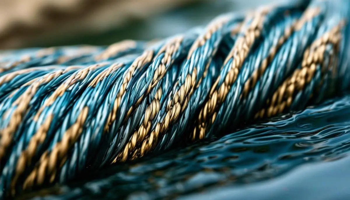 A close-up view of braided fishing line, showcasing its thin diameter, tight weave, and strength for fishing in heavy cover and deep water.