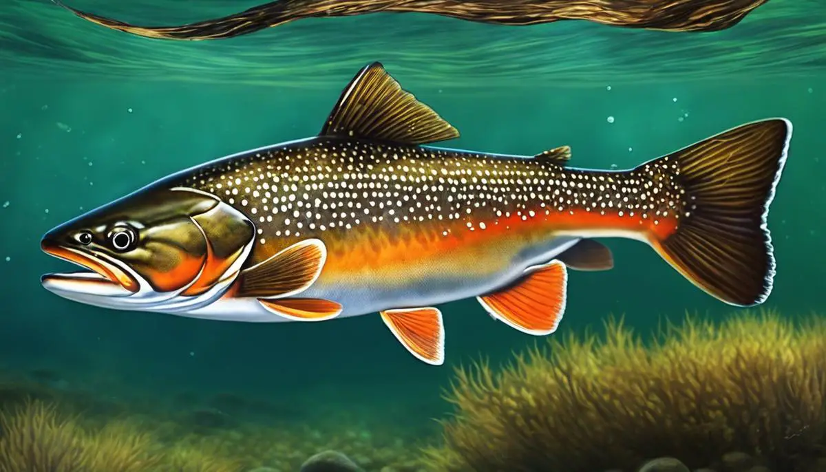 A brown-colored brook trout swimming in clear water