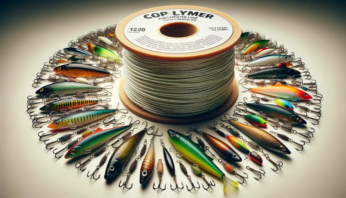 A spool of copolymer fishing line with various lures, illustrating its strength, abrasion resistance, and versatility for different fishing scenarios.