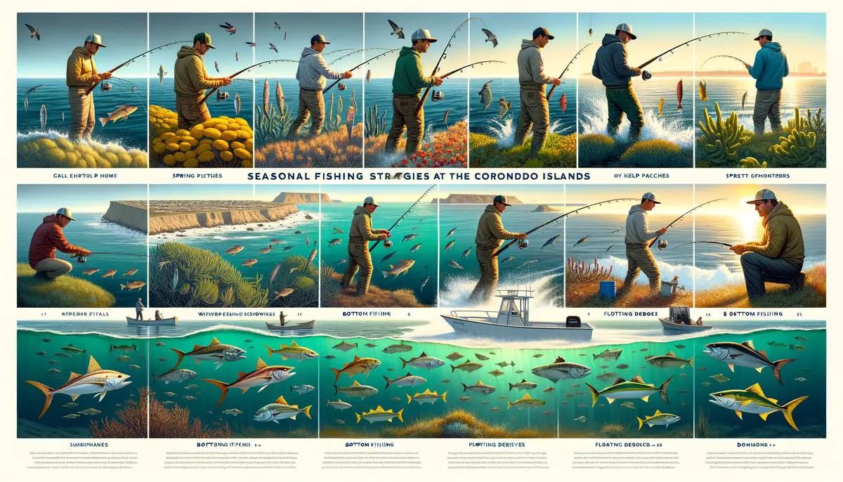 A collage of images representing seasonal fishing tips for the Coronado Islands, including yellowtail fishing in spring/summer, bottom fishing for rockfish in winter, and targeting dorado near floating debris, displayed on a nautical chart background.