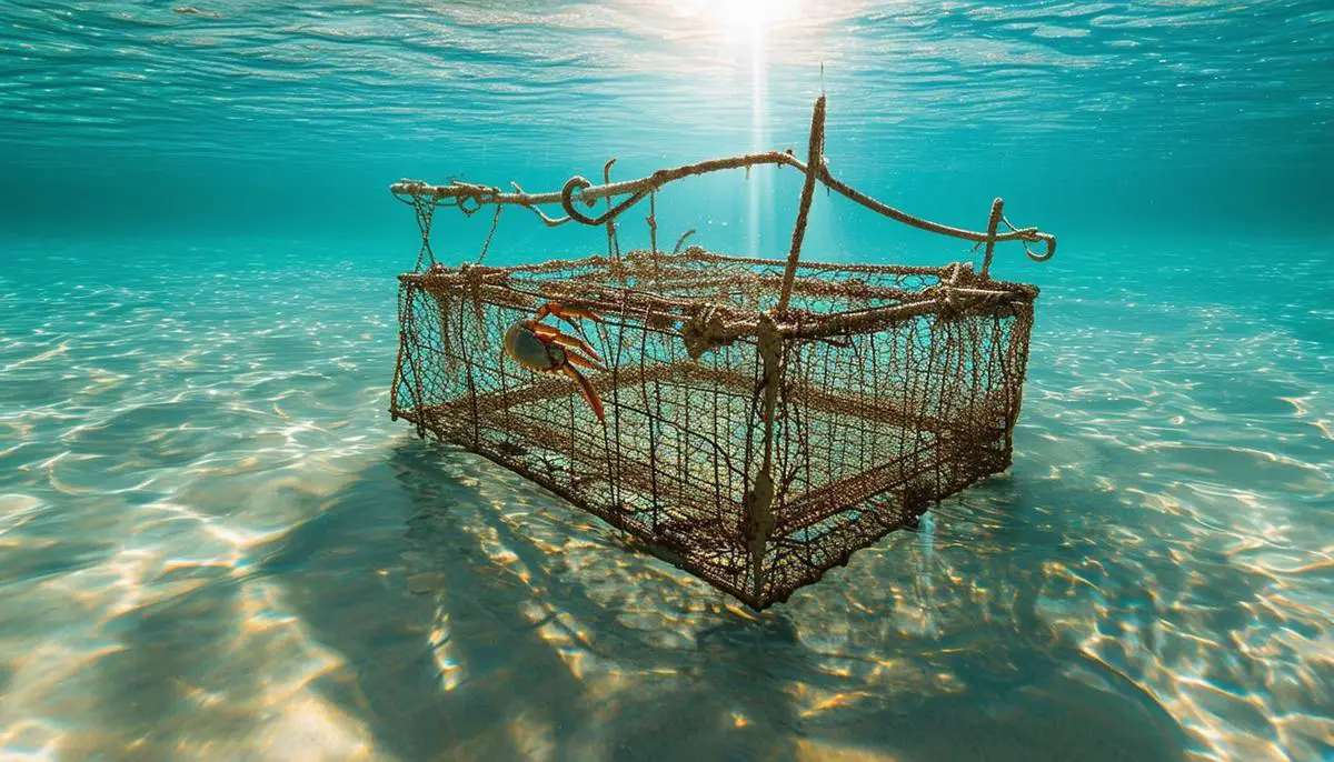 A crab trap submerged in the clear, shallow waters of the Texas coast, with sunlight filtering through the water and illuminating the trap.
