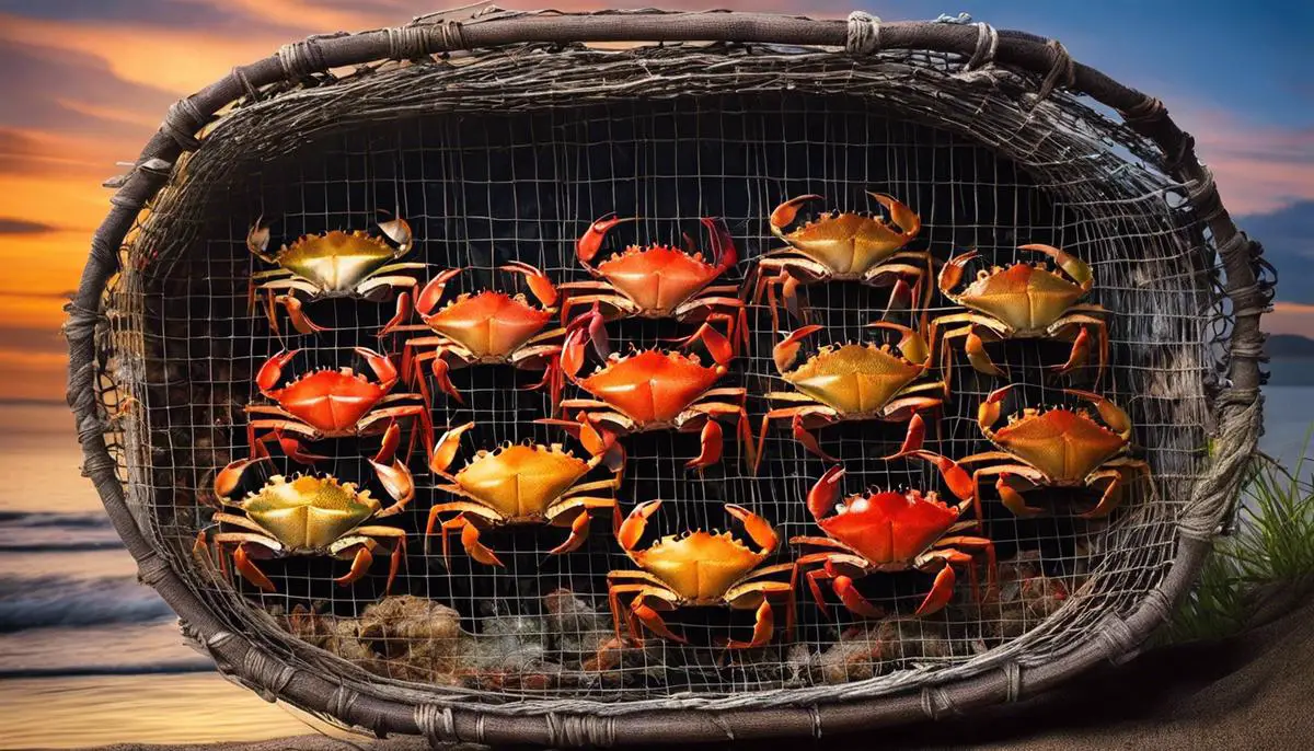 A picture of a crab trap with multiple crabs inside.