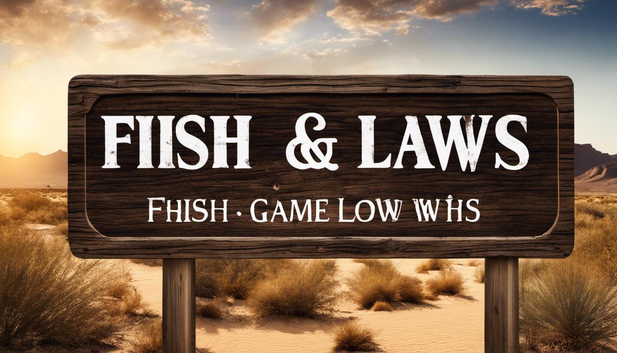 A sign with the words 'Fish and Game Laws' against a background of a desert landscape