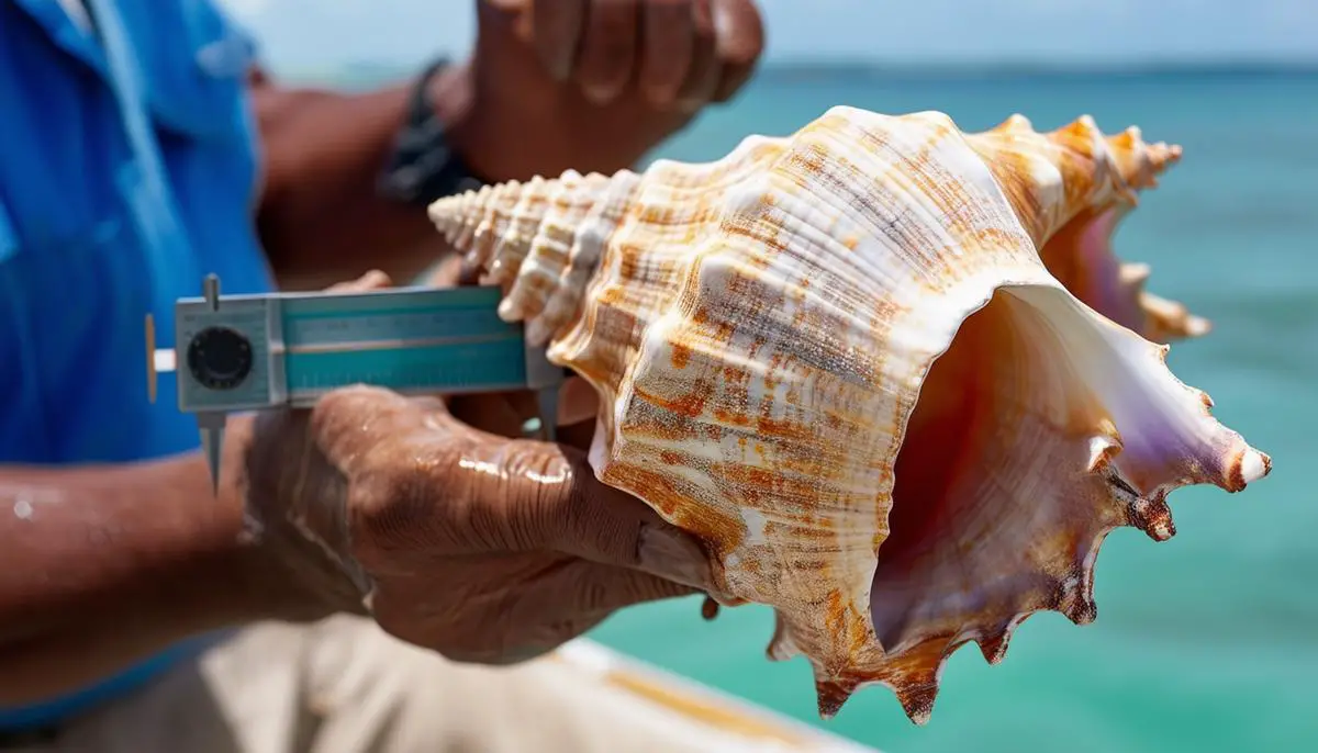 A local fisherman holds a mature queen conch shell, using a caliper to measure the thickness of its flared lip to ensure it meets the 15-millimeter sustainability threshold.
