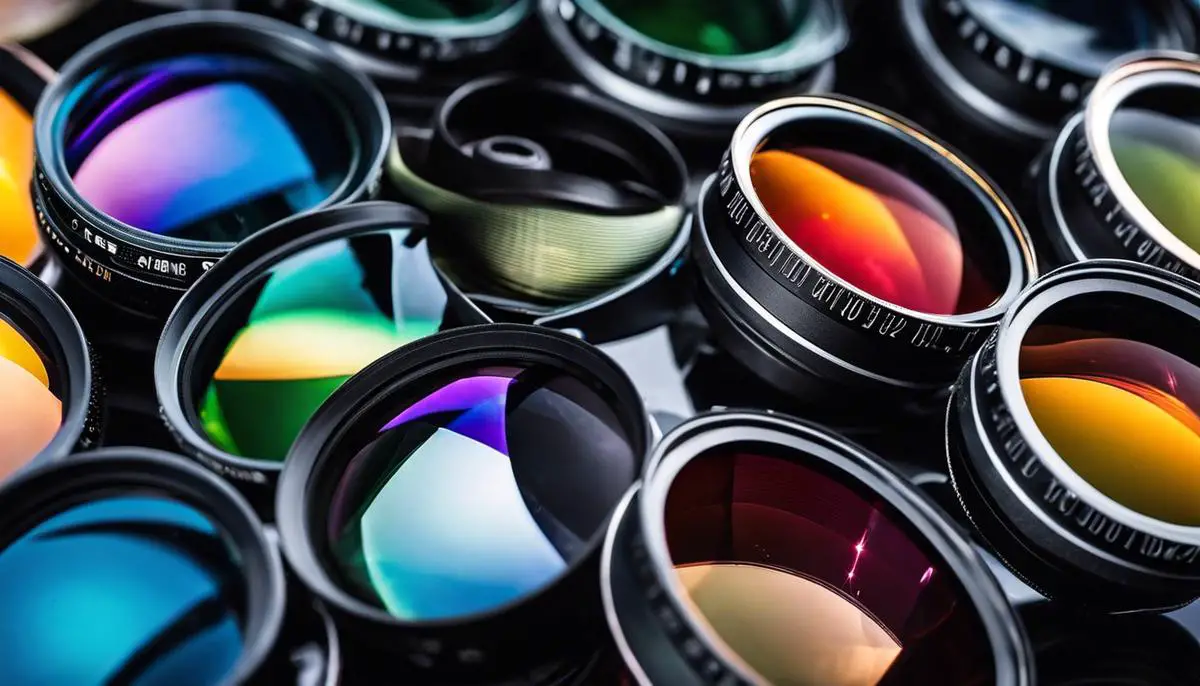 Close-up shot of fishing lenses in various colors, showing the different shades available for optimal vision on the water.