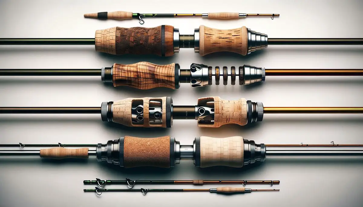 A side-by-side comparison of fishing rods with different handle materials (cork and EVA foam) and guide types (ceramic and metal), highlighting their unique features and benefits