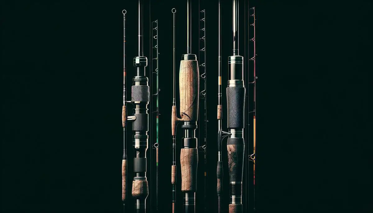 Three fishing rods made from different materials - fiberglass, graphite, and composite - with labels highlighting their unique properties