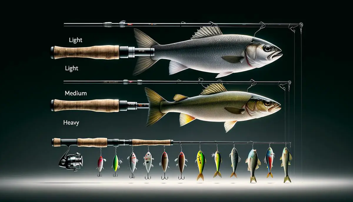 Three fishing rods with different power ratings - light, medium, and heavy - next to examples of the fish species and lures they are best suited for