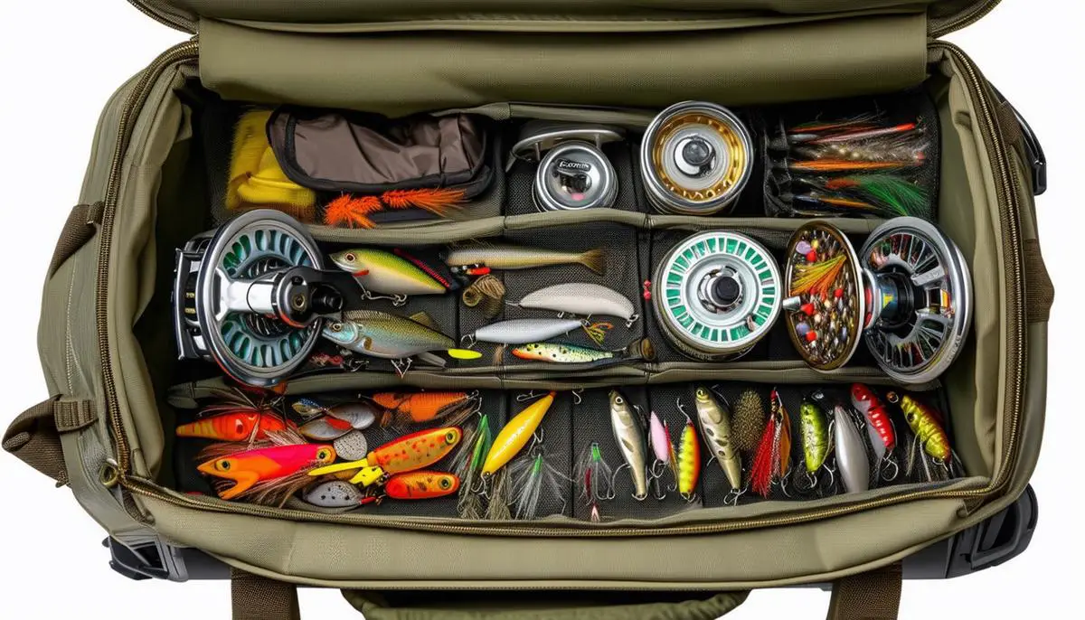 An open carry-on bag revealing various fishing tackle items such as reels, lures, and flies, neatly organized and protected with soft padding.