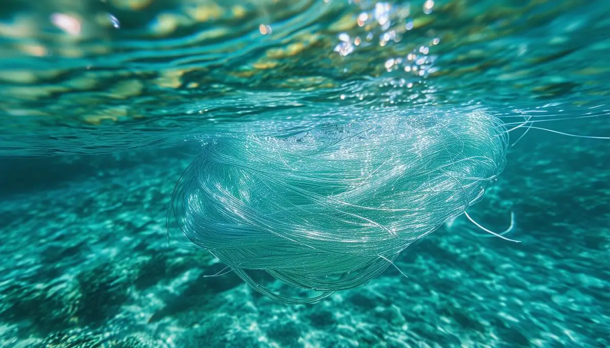A underwater view of a fluorocarbon fishing line, showcasing its near invisibility and low visibility properties in clear water conditions.