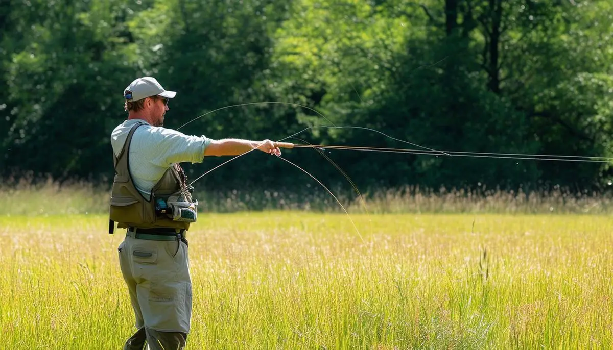 A fly fisherman practicing casting techniques in an open field.