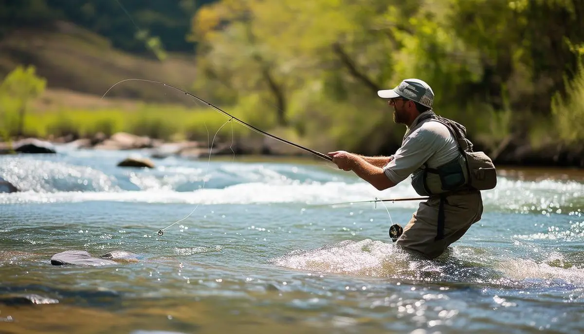 A fly fisherman wading carefully in a river, demonstrating proper safety and etiquette.