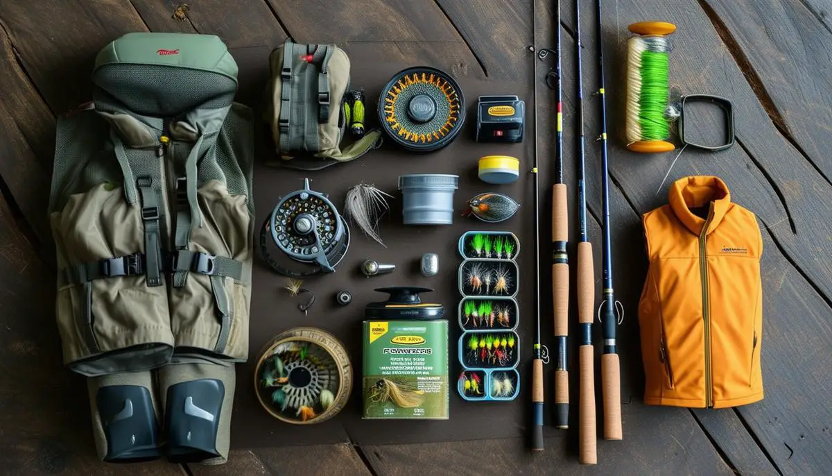 A selection of essential fly fishing gear for beginners including a rod, reel, line, flies, waders, vest, and accessories.