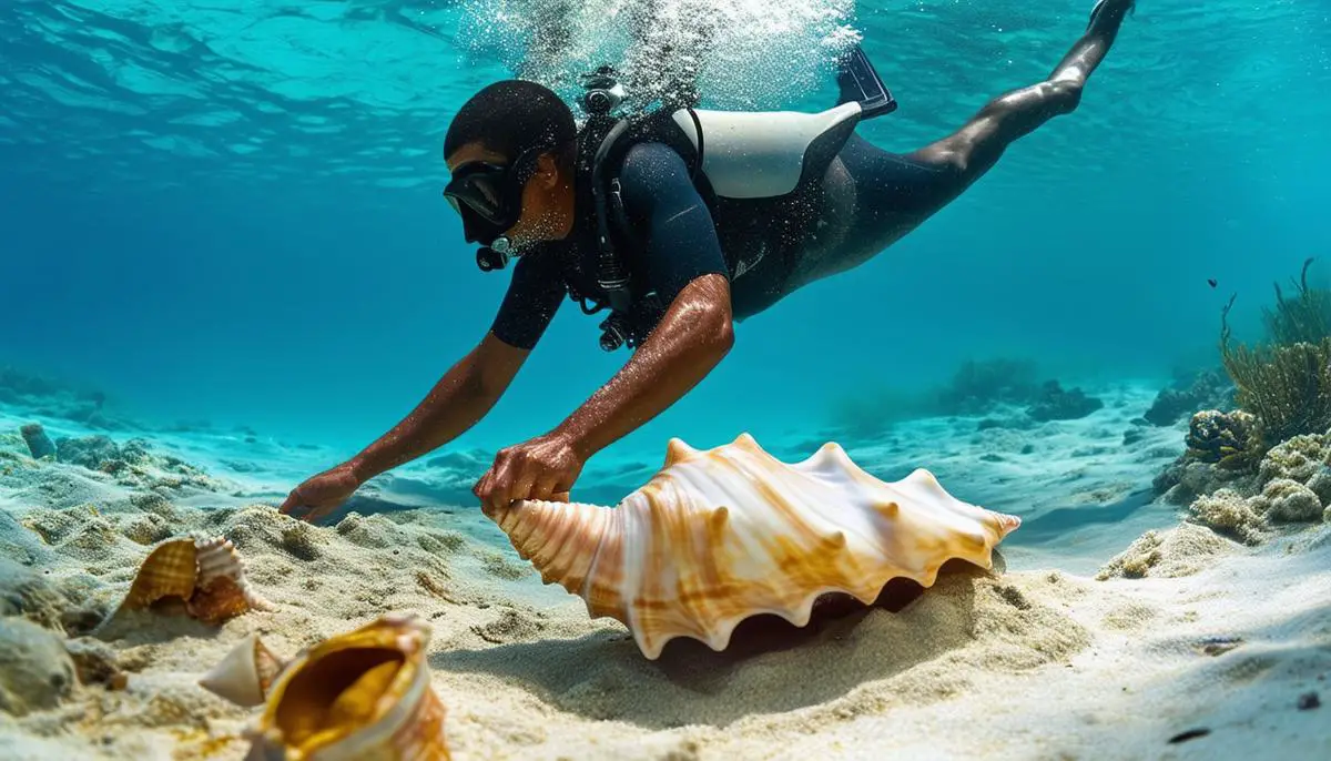 An eco-conscious free diver floats above a sandy Caribbean seabed, carefully hand-selecting a mature queen conch with a thick lip while leaving younger, thinner-lipped conch undisturbed.
