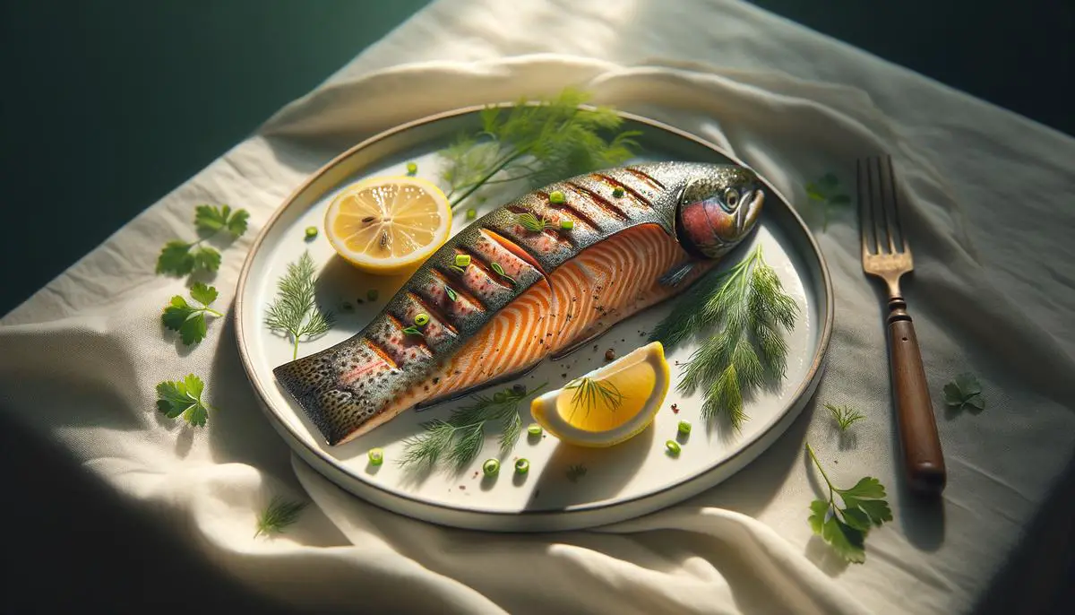 A perfectly grilled Steelhead trout fillet on a plate with lemon and herbs.