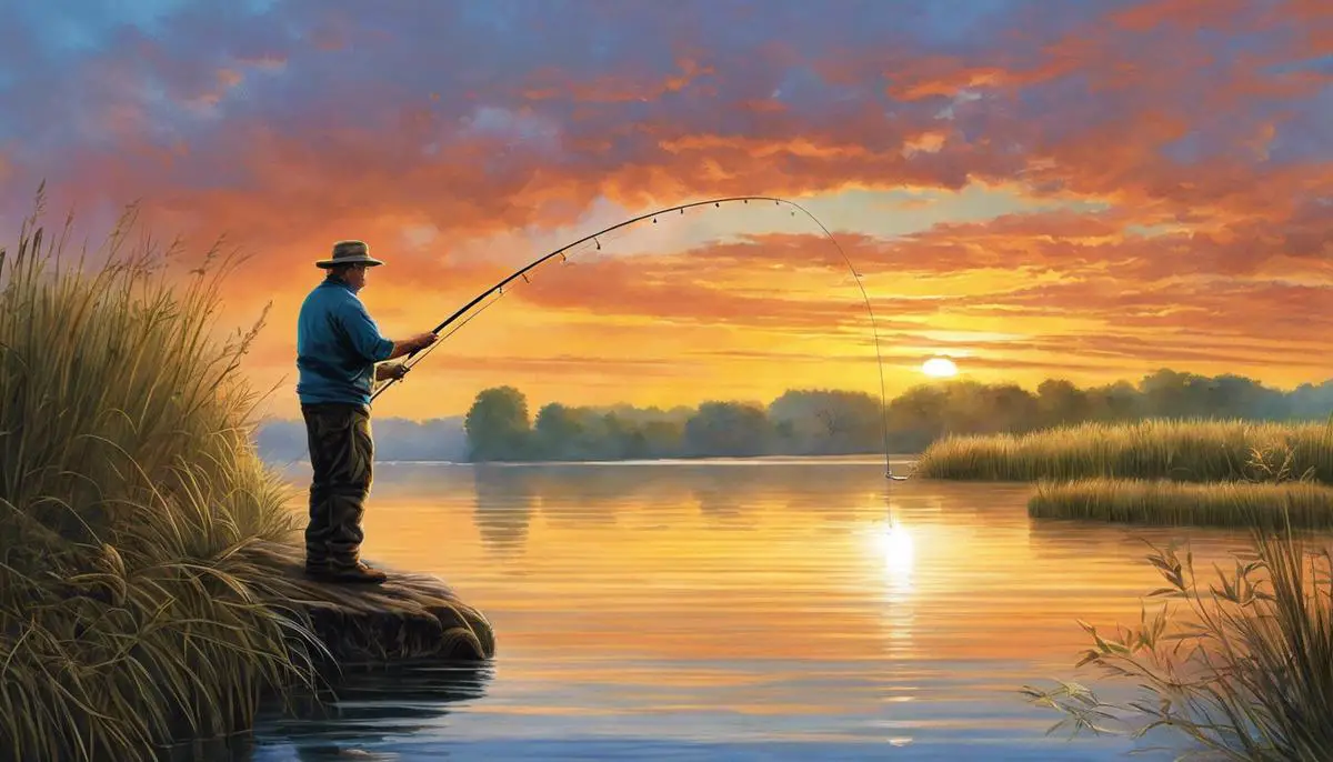 Illustration of a person fishing by a lake, highlighting the beauty and enjoyment of Kansas fishing.