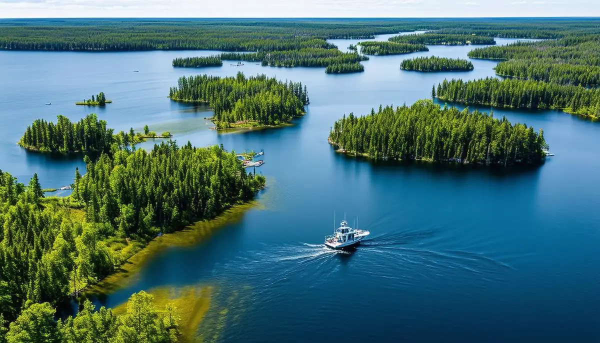 An aerial view of the many islands scattered across Lake of the Woods in Minnesota, with a fishing boat navigating through the islands.