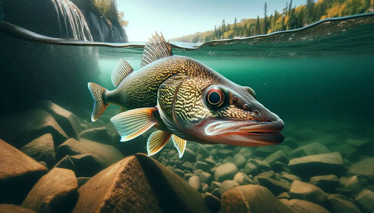 An underwater view of a walleye swimming near a rocky structure in Lake Vermilion, Minnesota.