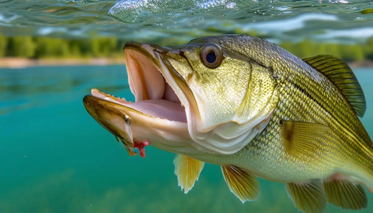 A close-up photograph of a largemouth bass caught in Lake Lanier, showcasing its distinctive large mouth and the lake's clear water in the background.