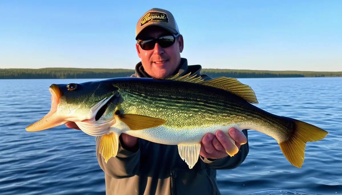 An angler holding a large walleye caught on Leech Lake in Minnesota, with the lake visible in the background.