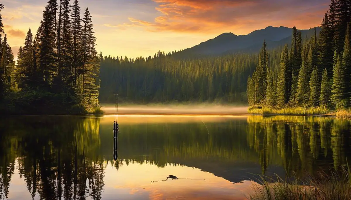 A serene image of Lost Lake with a fishing rod and reel casting into the water.