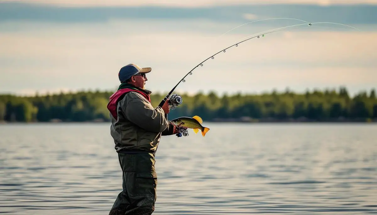 A fisherman reeling in a walleye on Mille Lacs Lake in Minnesota, with the lake and shoreline visible in the background.