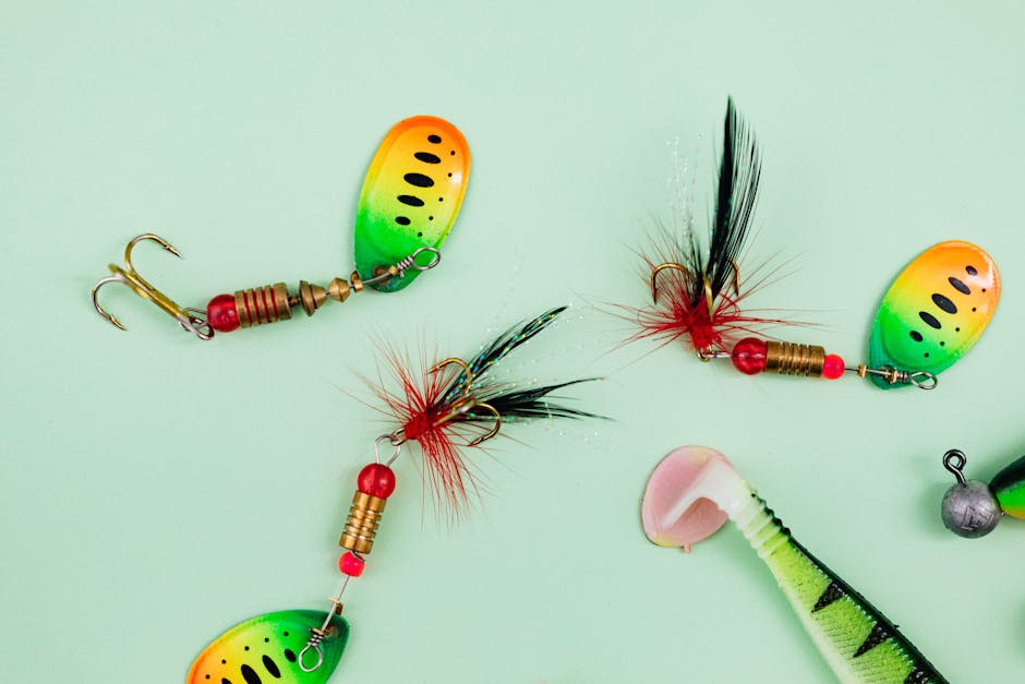 A selection of popular walleye fishing lures and baits used in Minnesota, including jigs, crankbaits, and live bait rigs.