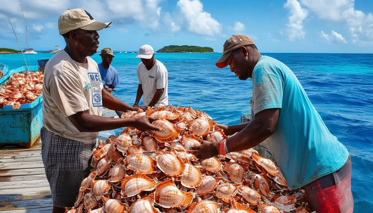 A bustling, MSC-certified queen conch fishery in the Caribbean, with fishermen unloading their catch, inspectors ensuring sustainability standards, and the iconic blue MSC ecolabel prominently displayed.