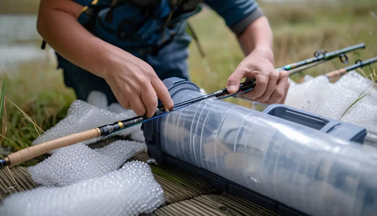 A person carefully packing fishing rods into a hard plastic cylindrical case, with bubble wrap and other protective materials nearby.