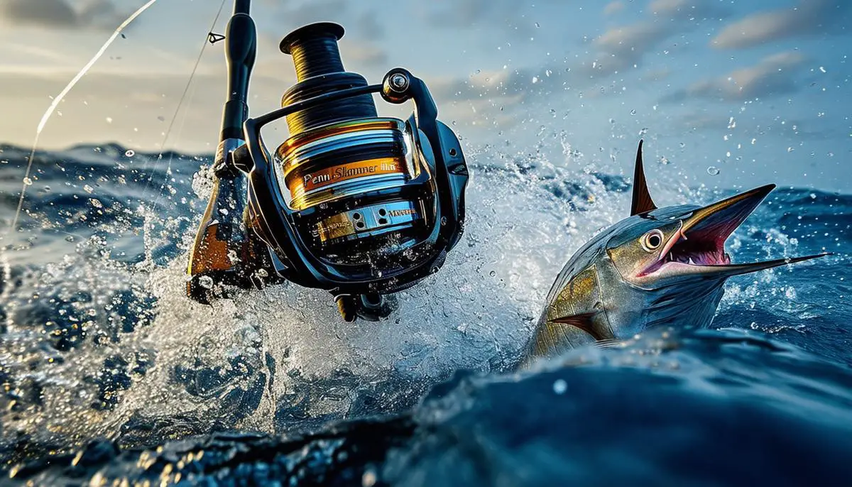 The Penn Slammer III reel being used in a deep-sea fishing scenario, battling a powerful fish like a tuna or shark, showcasing its rugged durability and reliable performance.