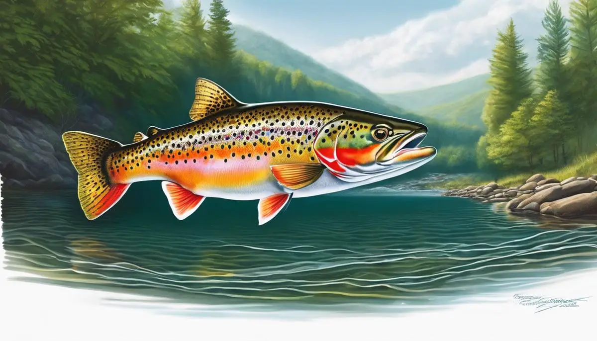 Illustration of a trout swimming in a river, representing the Pennsylvania Trout Size Limit regulation.