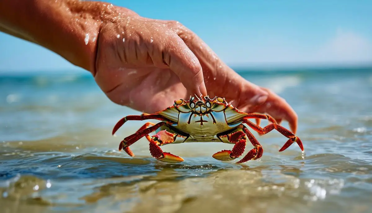A person gently releasing a crab back into the waters of the Texas coast, demonstrating responsible crabbing practices.