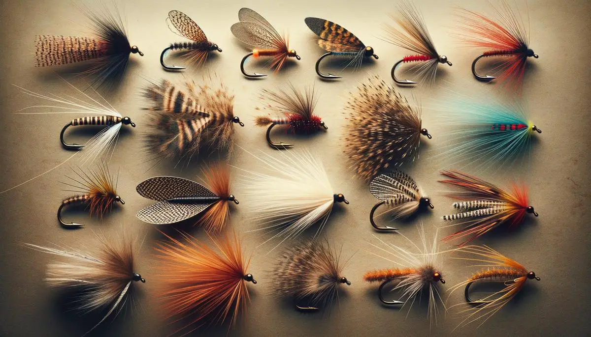 A selection of popular fly fishing flies including the Adams, Elk Hair Caddis, Stimulator, Woolly Bugger, and hopper patterns.