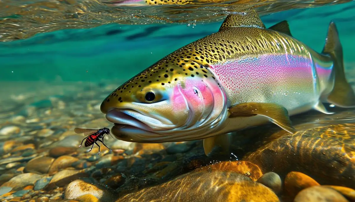 Underwater view of a Rainbow Trout eating an insect near the surface of a river.