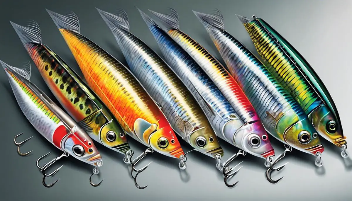 Illustration of various saltwater lures hanging on a fishing rod