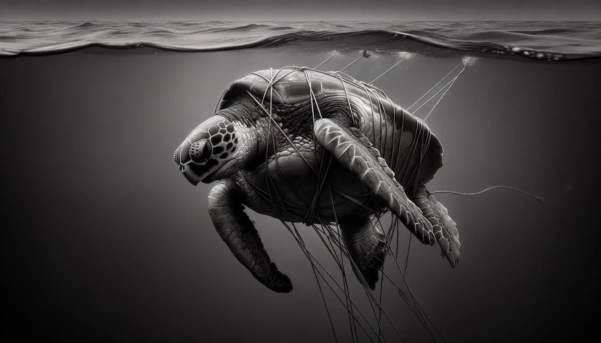 A distressed sea turtle entangled in a fishing line, struggling to swim as the line cuts into its flippers and shell, highlighting the dangers faced by these creatures off the California coast.