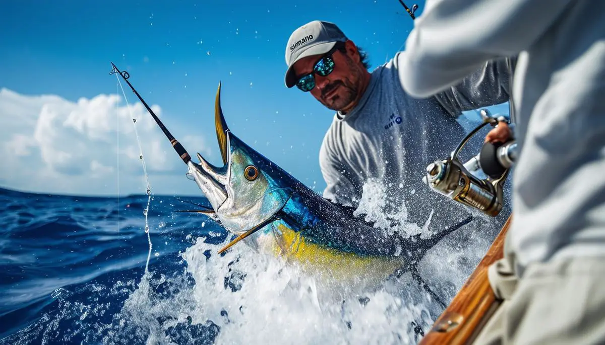 The Shimano Saragosa reel in action during an offshore fishing battle, demonstrating its durability and smooth performance against powerful game fish like tuna or marlin.