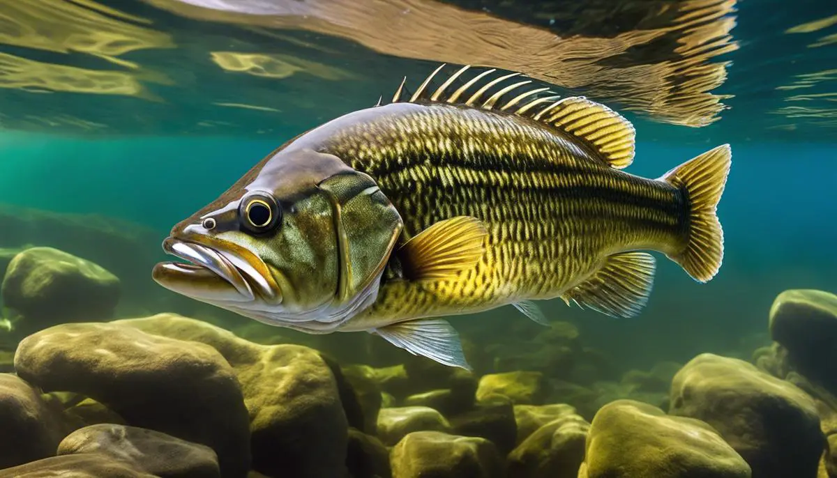 A scenic image of a Smallmouth Bass swimming in clear waters