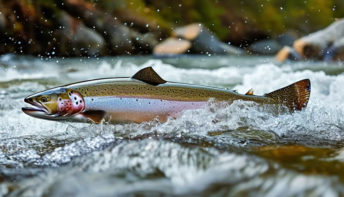Powerful Steelhead trout swimming upstream in a river to reach their spawning grounds.