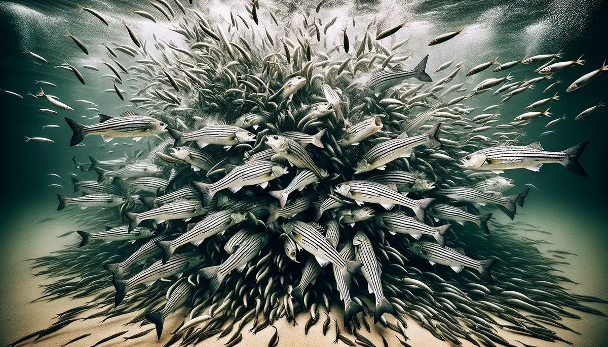 A school of striped bass in a feeding frenzy, chasing and eating a large school of baitfish