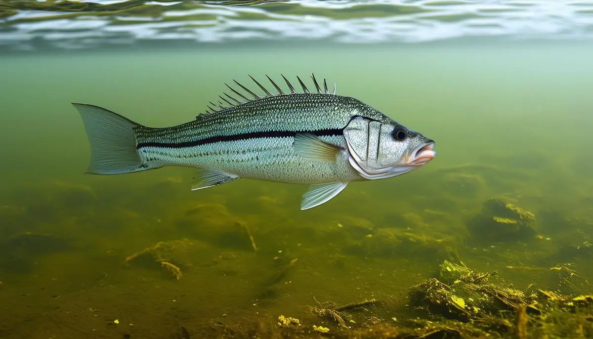 A striped bass swimming in the murky, algae-filled water of the Chesapeake Bay