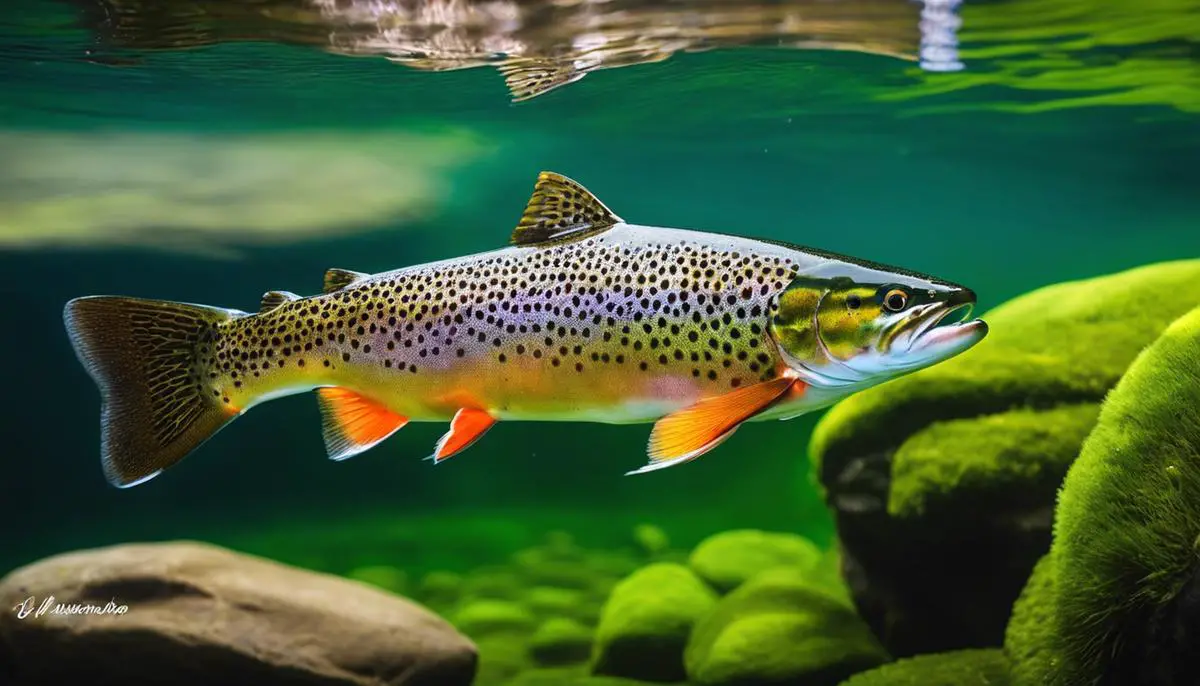Image depicting a trout swimming in a clear stream, indicating the importance of size limit regulations for trout populations.
