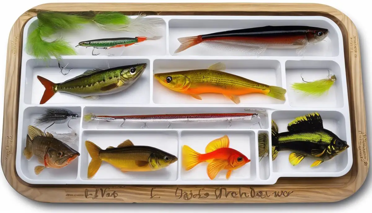 Image description: A selection of live bait options including nightcrawlers, leeches, and minnows, displayed on a fishing tray.